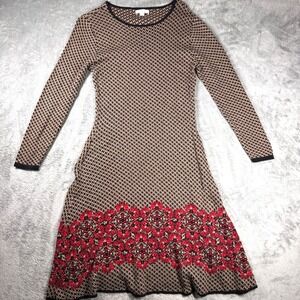 New York & Company Knit Houndstooth Floral Sweater Dress Brown Red Size L